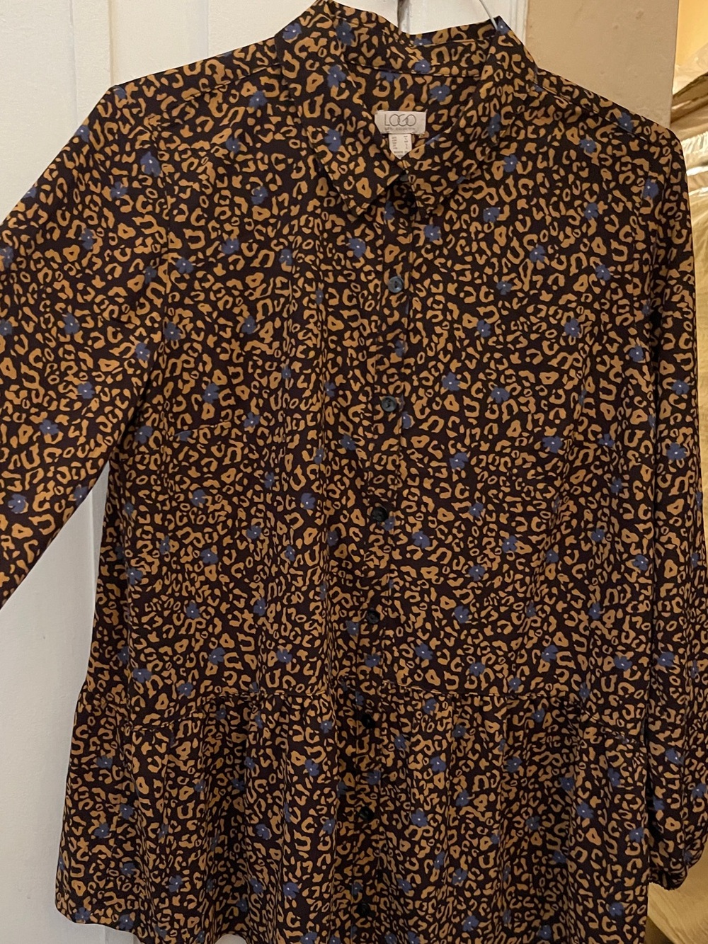 LOGO lounge Women's Brown Leopard Print Button-Down Top with Blue Floral Accents